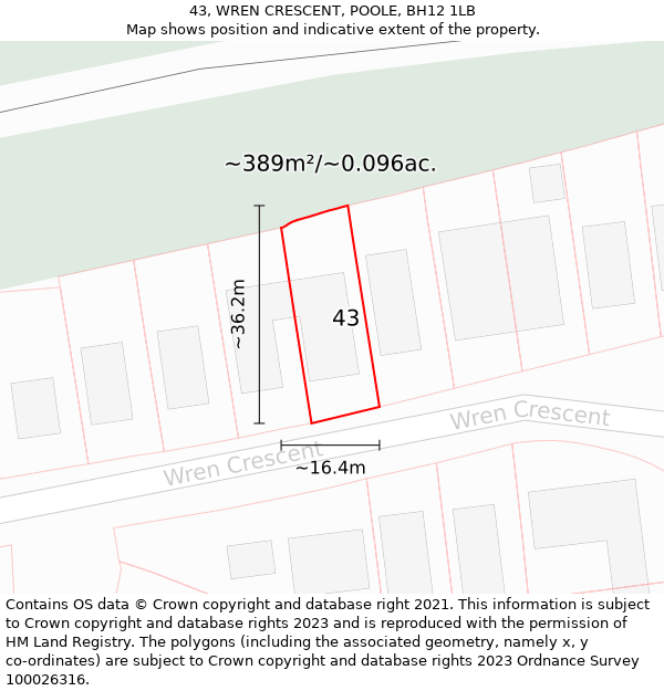 43, WREN CRESCENT, POOLE, BH12 1LB: Plot and title map