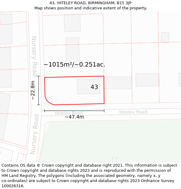 43, YATELEY ROAD, BIRMINGHAM, B15 3JP: Plot and title map