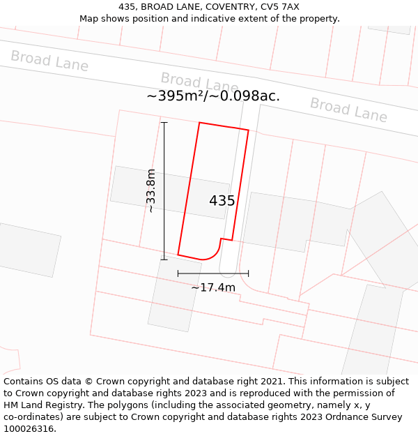 435, BROAD LANE, COVENTRY, CV5 7AX: Plot and title map