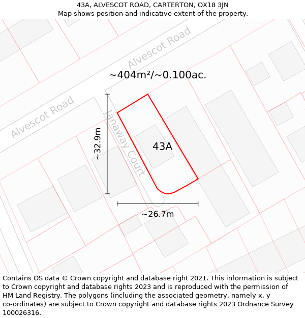 43A, ALVESCOT ROAD, CARTERTON, OX18 3JN: Plot and title map