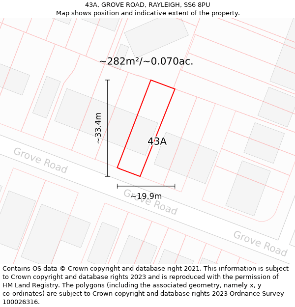 43A, GROVE ROAD, RAYLEIGH, SS6 8PU: Plot and title map