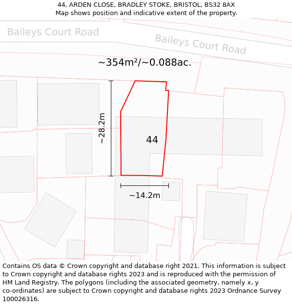 44, ARDEN CLOSE, BRADLEY STOKE, BRISTOL, BS32 8AX: Plot and title map