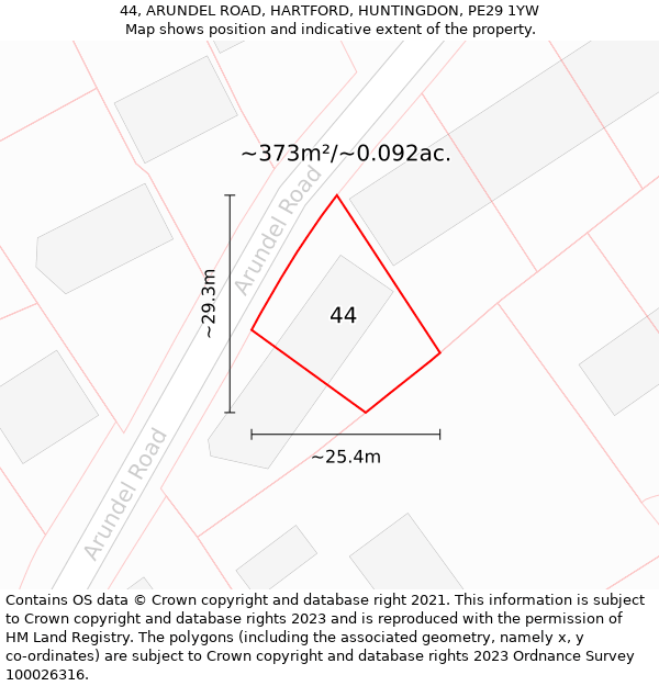 44, ARUNDEL ROAD, HARTFORD, HUNTINGDON, PE29 1YW: Plot and title map