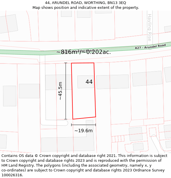 44, ARUNDEL ROAD, WORTHING, BN13 3EQ: Plot and title map