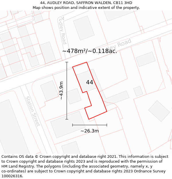 44, AUDLEY ROAD, SAFFRON WALDEN, CB11 3HD: Plot and title map