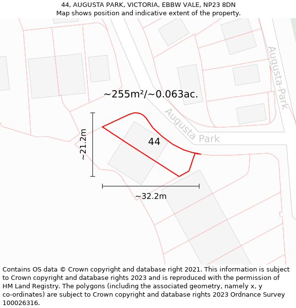 44, AUGUSTA PARK, VICTORIA, EBBW VALE, NP23 8DN: Plot and title map