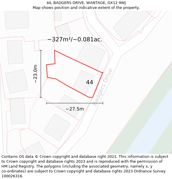 44, BADGERS DRIVE, WANTAGE, OX12 9WJ: Plot and title map