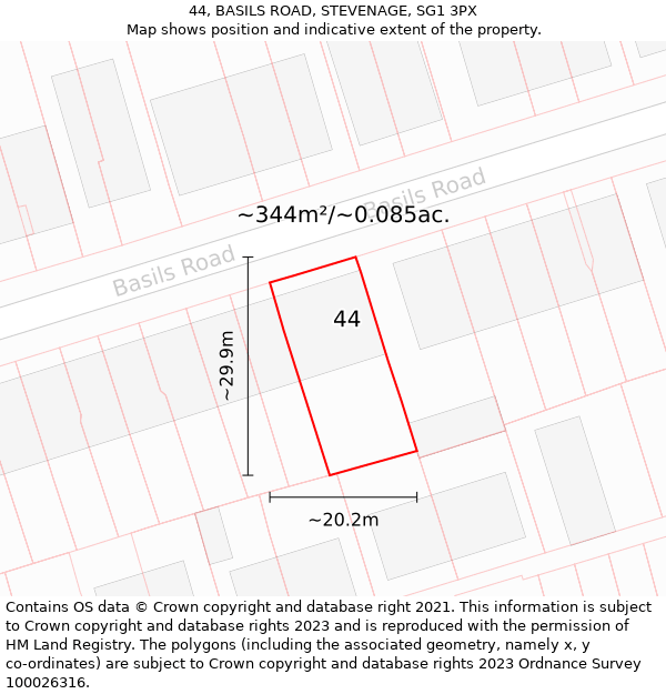 44, BASILS ROAD, STEVENAGE, SG1 3PX: Plot and title map