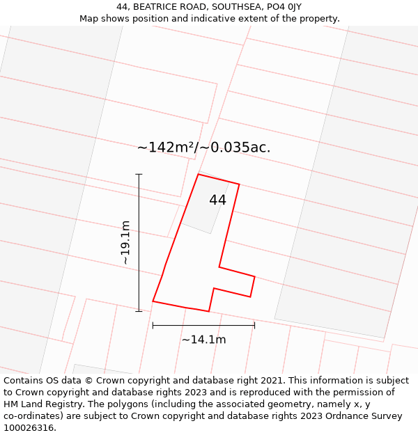 44, BEATRICE ROAD, SOUTHSEA, PO4 0JY: Plot and title map