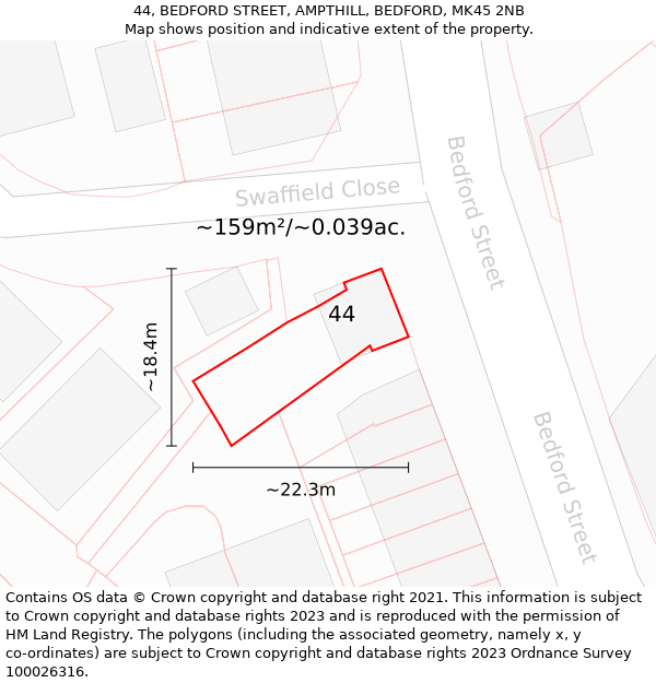 44, BEDFORD STREET, AMPTHILL, BEDFORD, MK45 2NB: Plot and title map