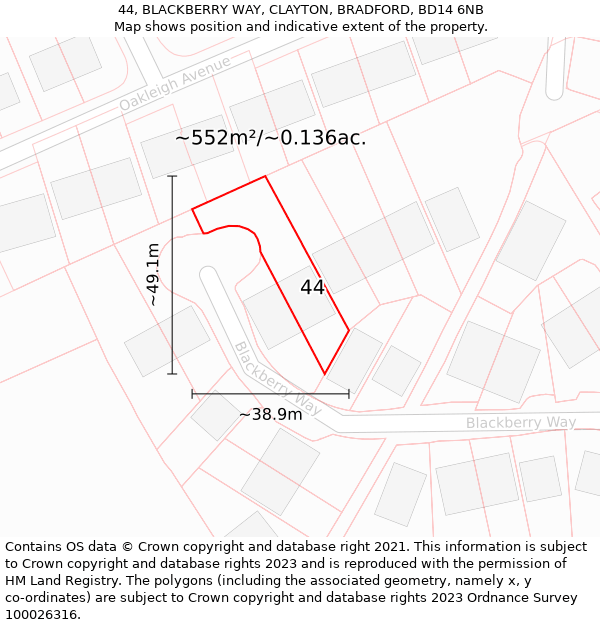 44, BLACKBERRY WAY, CLAYTON, BRADFORD, BD14 6NB: Plot and title map
