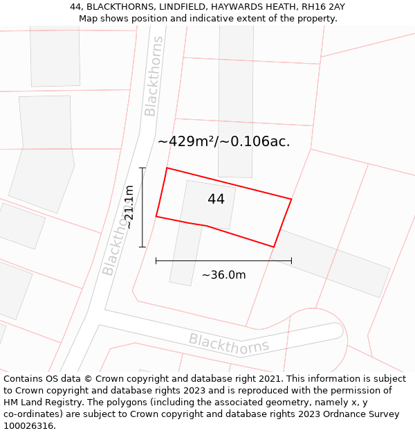 44, BLACKTHORNS, LINDFIELD, HAYWARDS HEATH, RH16 2AY: Plot and title map