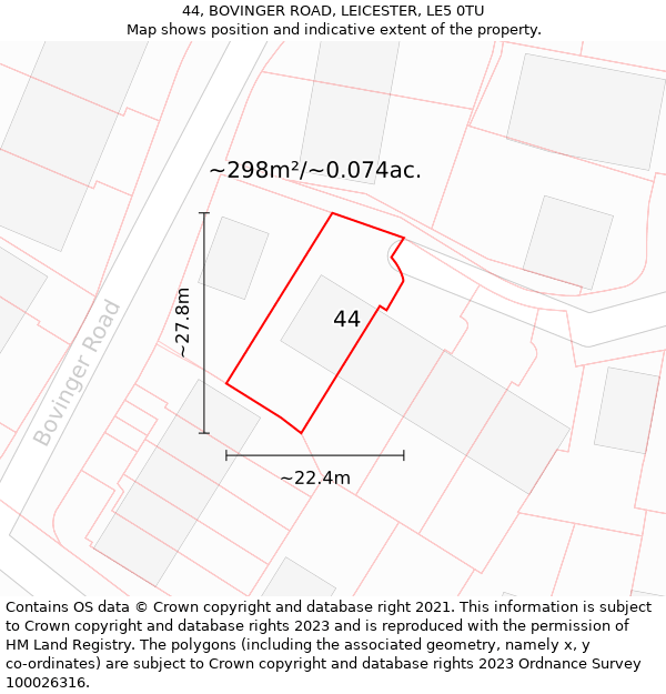 44, BOVINGER ROAD, LEICESTER, LE5 0TU: Plot and title map