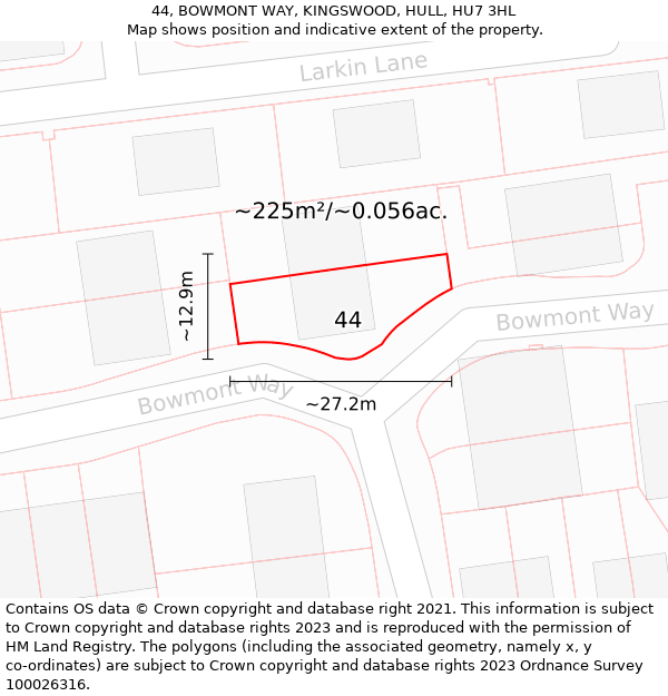 44, BOWMONT WAY, KINGSWOOD, HULL, HU7 3HL: Plot and title map