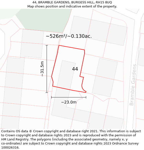 44, BRAMBLE GARDENS, BURGESS HILL, RH15 8UQ: Plot and title map