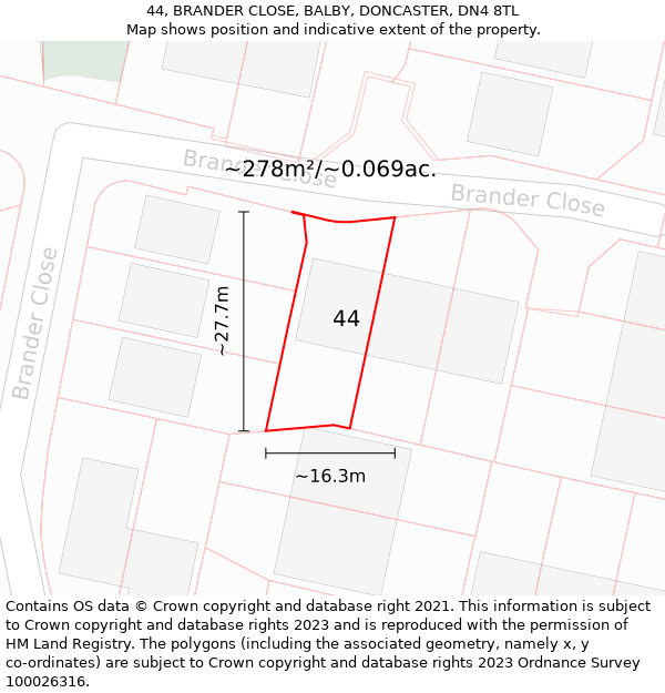 44, BRANDER CLOSE, BALBY, DONCASTER, DN4 8TL: Plot and title map