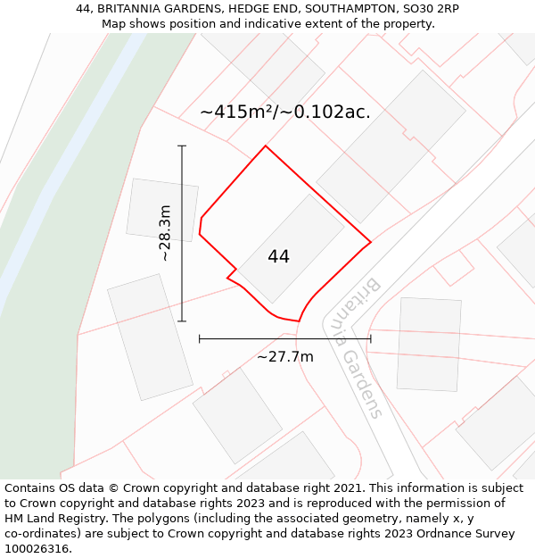 44, BRITANNIA GARDENS, HEDGE END, SOUTHAMPTON, SO30 2RP: Plot and title map