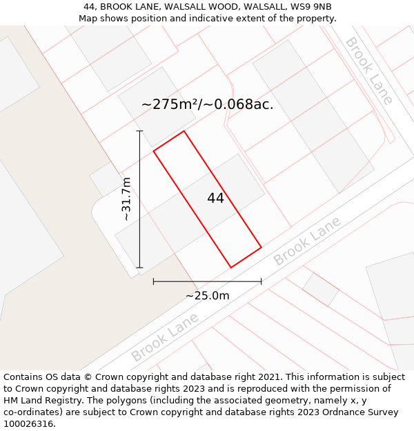 44, BROOK LANE, WALSALL WOOD, WALSALL, WS9 9NB: Plot and title map