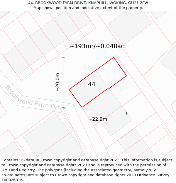 44, BROOKWOOD FARM DRIVE, KNAPHILL, WOKING, GU21 2FW: Plot and title map