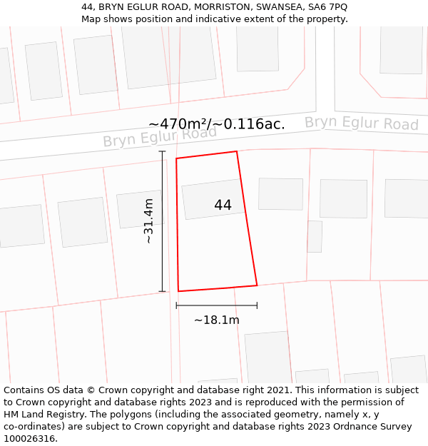 44, BRYN EGLUR ROAD, MORRISTON, SWANSEA, SA6 7PQ: Plot and title map