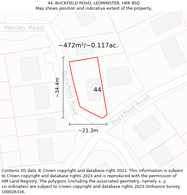 44, BUCKFIELD ROAD, LEOMINSTER, HR6 8SQ: Plot and title map