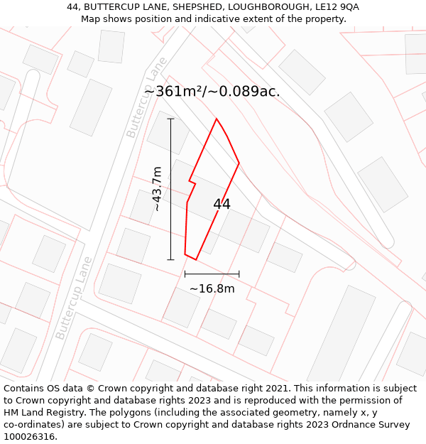 44, BUTTERCUP LANE, SHEPSHED, LOUGHBOROUGH, LE12 9QA: Plot and title map