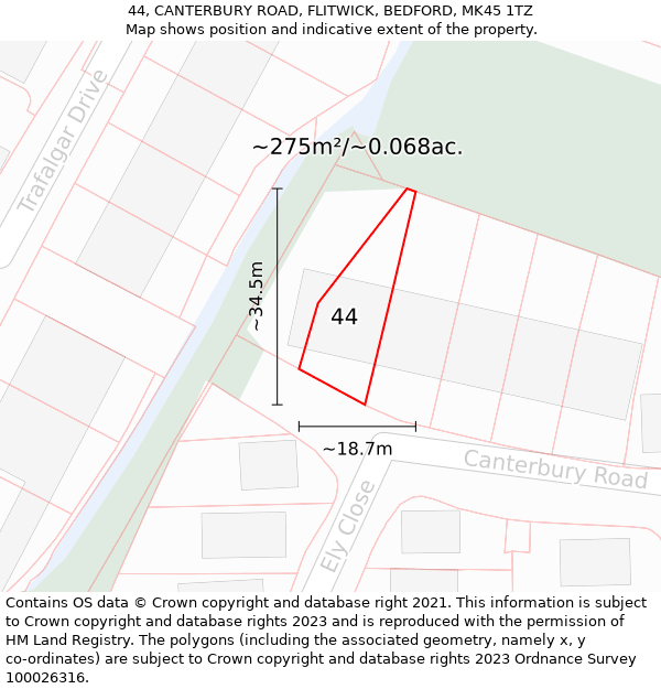 44, CANTERBURY ROAD, FLITWICK, BEDFORD, MK45 1TZ: Plot and title map