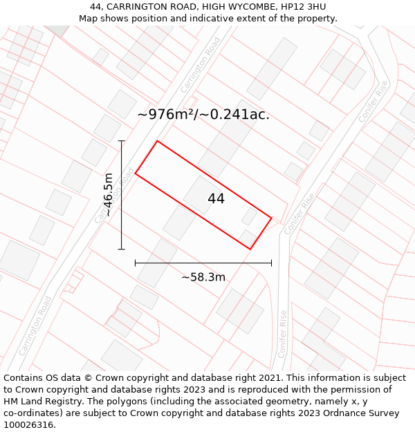 44, CARRINGTON ROAD, HIGH WYCOMBE, HP12 3HU: Plot and title map