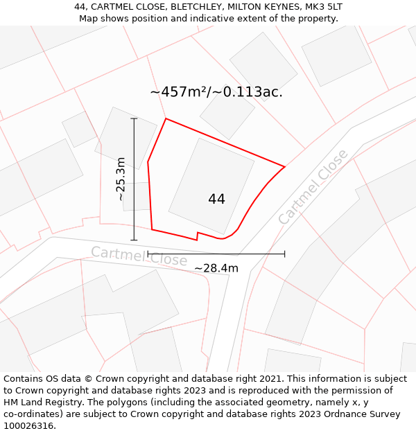 44, CARTMEL CLOSE, BLETCHLEY, MILTON KEYNES, MK3 5LT: Plot and title map