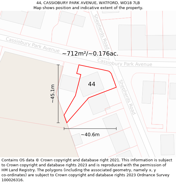 44, CASSIOBURY PARK AVENUE, WATFORD, WD18 7LB: Plot and title map