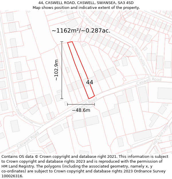 44, CASWELL ROAD, CASWELL, SWANSEA, SA3 4SD: Plot and title map