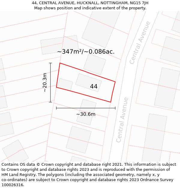 44, CENTRAL AVENUE, HUCKNALL, NOTTINGHAM, NG15 7JH: Plot and title map