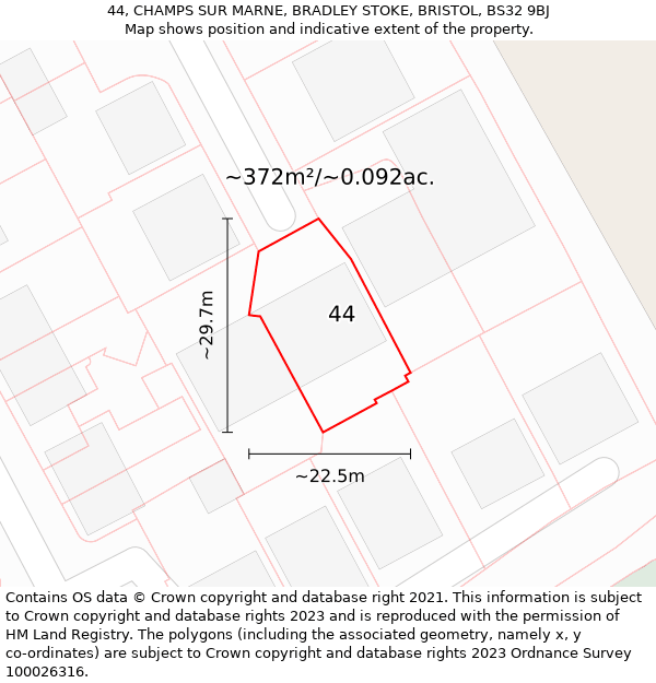 44, CHAMPS SUR MARNE, BRADLEY STOKE, BRISTOL, BS32 9BJ: Plot and title map