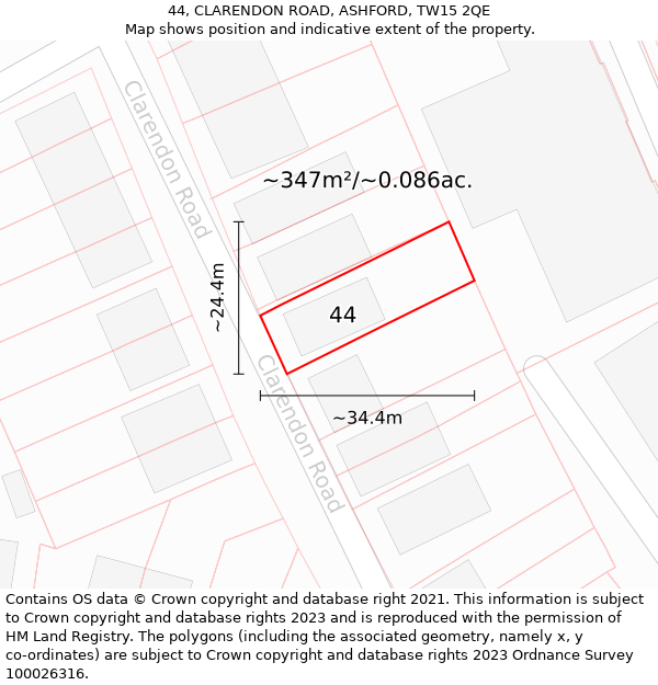 44, CLARENDON ROAD, ASHFORD, TW15 2QE: Plot and title map
