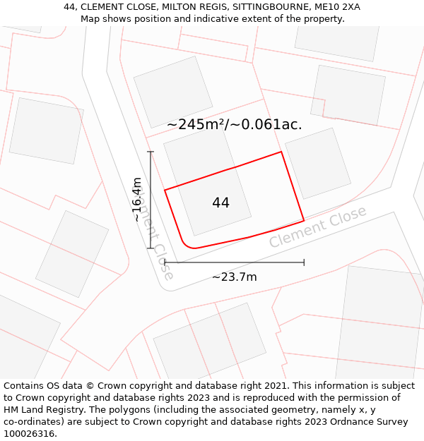 44, CLEMENT CLOSE, MILTON REGIS, SITTINGBOURNE, ME10 2XA: Plot and title map