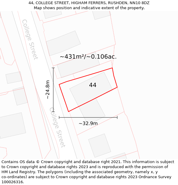 44, COLLEGE STREET, HIGHAM FERRERS, RUSHDEN, NN10 8DZ: Plot and title map
