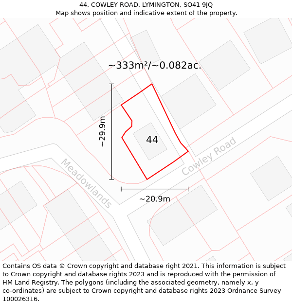 44, COWLEY ROAD, LYMINGTON, SO41 9JQ: Plot and title map