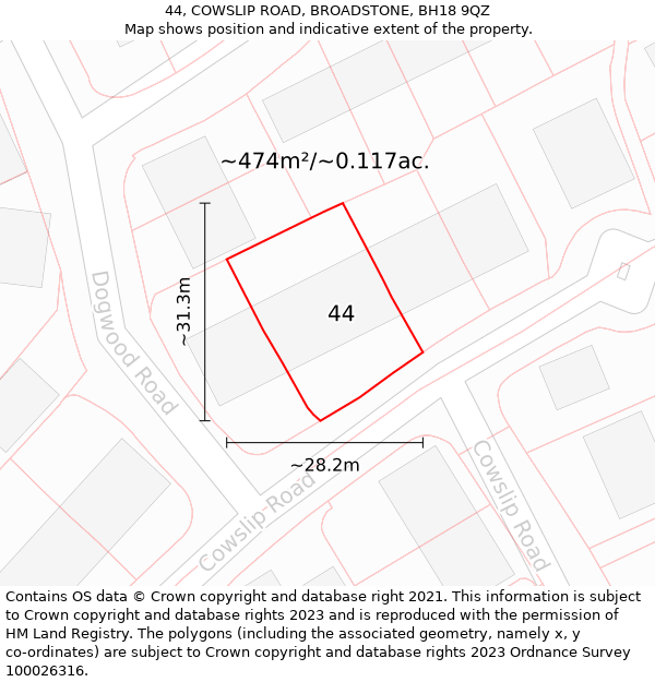 44, COWSLIP ROAD, BROADSTONE, BH18 9QZ: Plot and title map