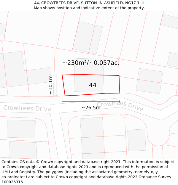 44, CROWTREES DRIVE, SUTTON-IN-ASHFIELD, NG17 1LH: Plot and title map