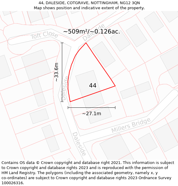 44, DALESIDE, COTGRAVE, NOTTINGHAM, NG12 3QN: Plot and title map