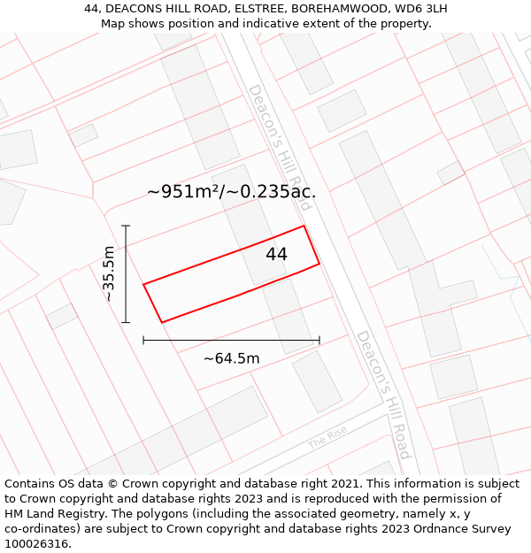 44, DEACONS HILL ROAD, ELSTREE, BOREHAMWOOD, WD6 3LH: Plot and title map