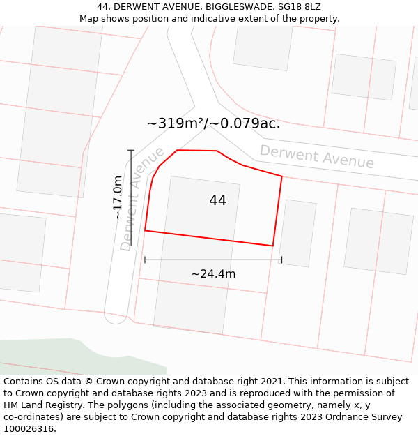 44, DERWENT AVENUE, BIGGLESWADE, SG18 8LZ: Plot and title map