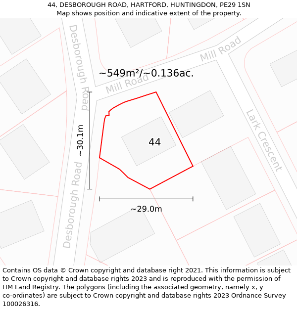 44, DESBOROUGH ROAD, HARTFORD, HUNTINGDON, PE29 1SN: Plot and title map