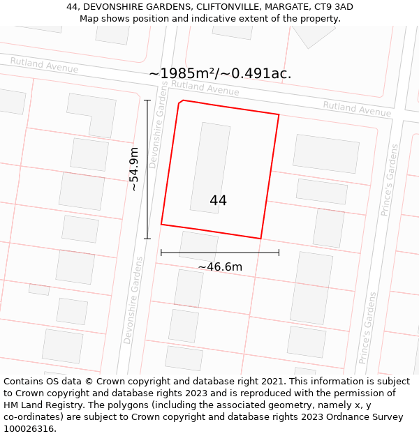 44, DEVONSHIRE GARDENS, CLIFTONVILLE, MARGATE, CT9 3AD: Plot and title map