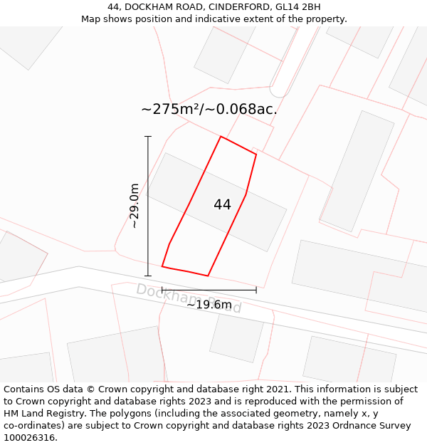 44, DOCKHAM ROAD, CINDERFORD, GL14 2BH: Plot and title map