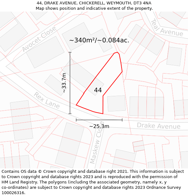 44, DRAKE AVENUE, CHICKERELL, WEYMOUTH, DT3 4NA: Plot and title map