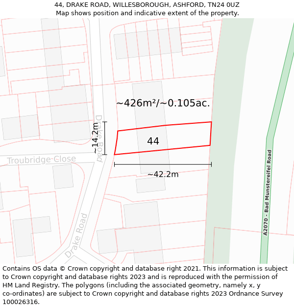 44, DRAKE ROAD, WILLESBOROUGH, ASHFORD, TN24 0UZ: Plot and title map