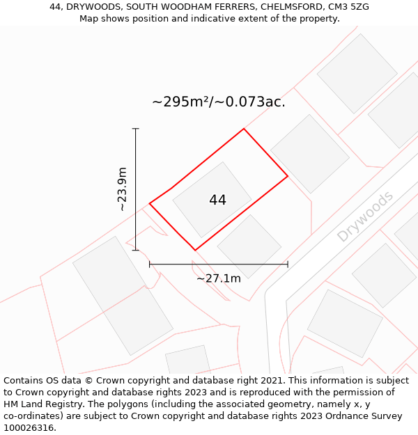 44, DRYWOODS, SOUTH WOODHAM FERRERS, CHELMSFORD, CM3 5ZG: Plot and title map