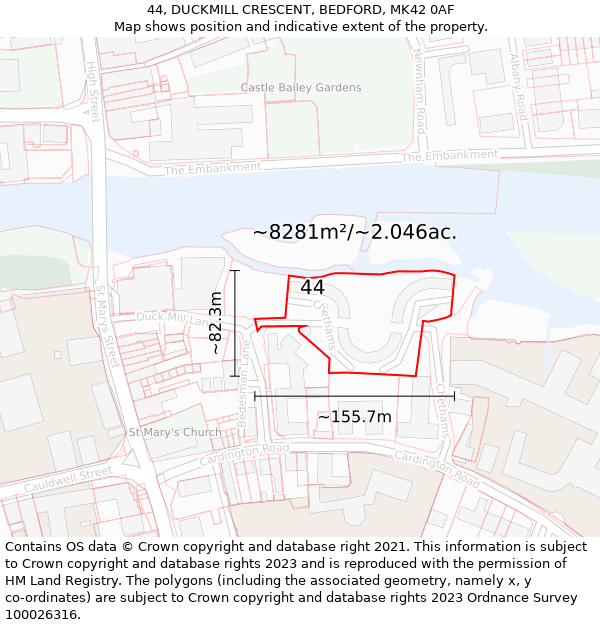 44, DUCKMILL CRESCENT, BEDFORD, MK42 0AF: Plot and title map