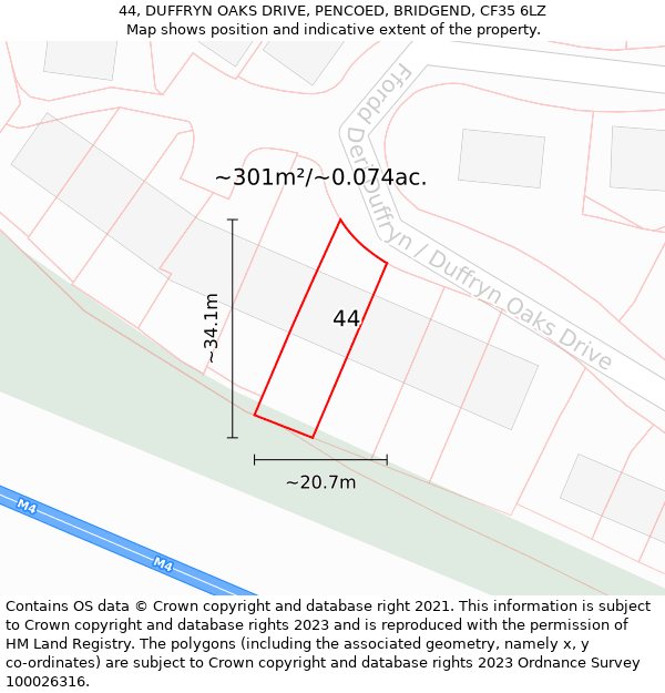 44, DUFFRYN OAKS DRIVE, PENCOED, BRIDGEND, CF35 6LZ: Plot and title map